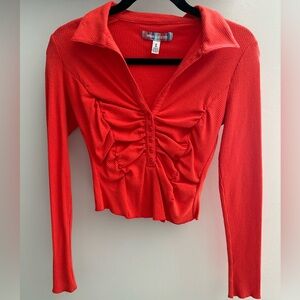 UO Bright Coral Ruched Crop Long Sleeves